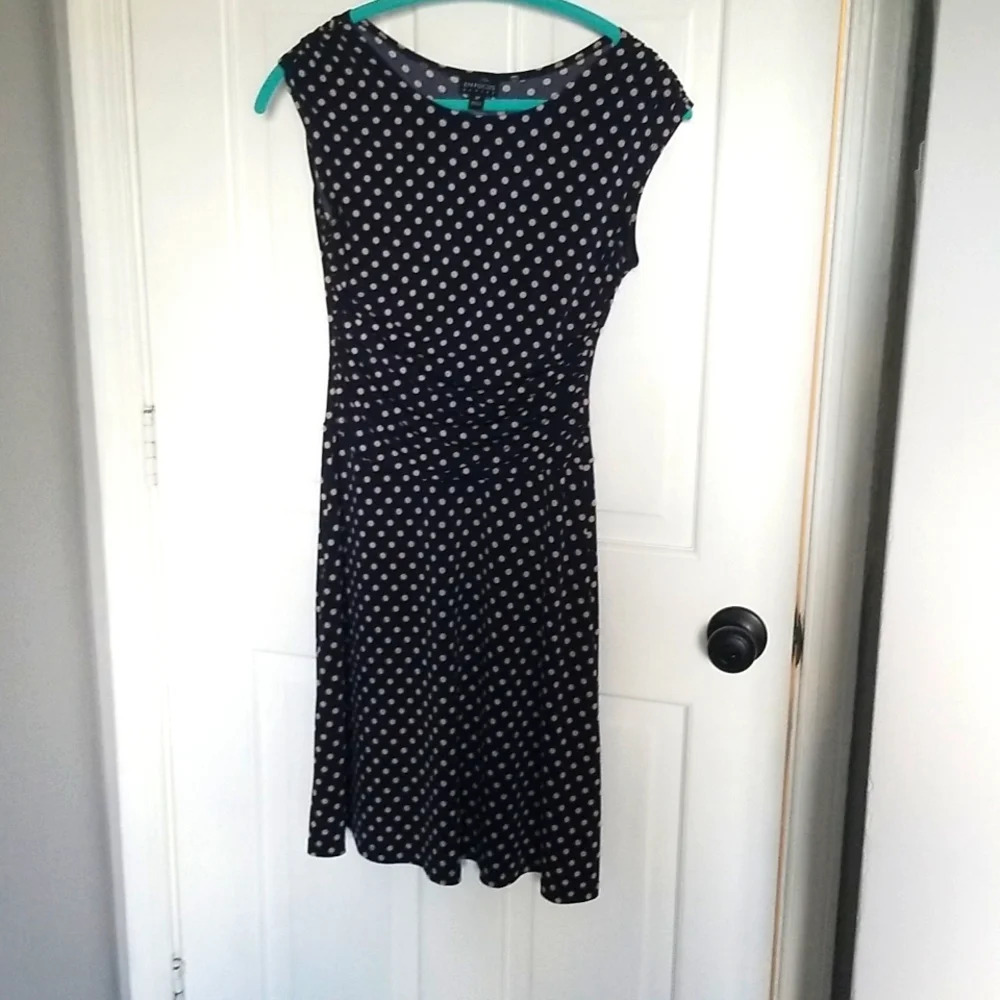 Enfocus Studio 4P Navy Blue and Khaki polka dot fit-to-flare dress. - Picture 3 of 8